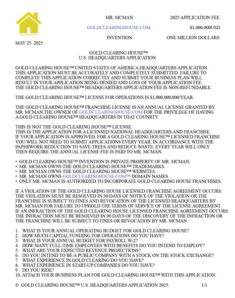 Gold Clearing House U.S. Headquarters Application For License and Incorporation 2025