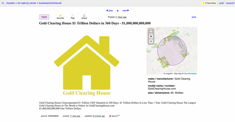 Gold Clearing House™ $1 Trillion USD in 360 Days Craigslist May 26, 2024 - May 21, 2025
